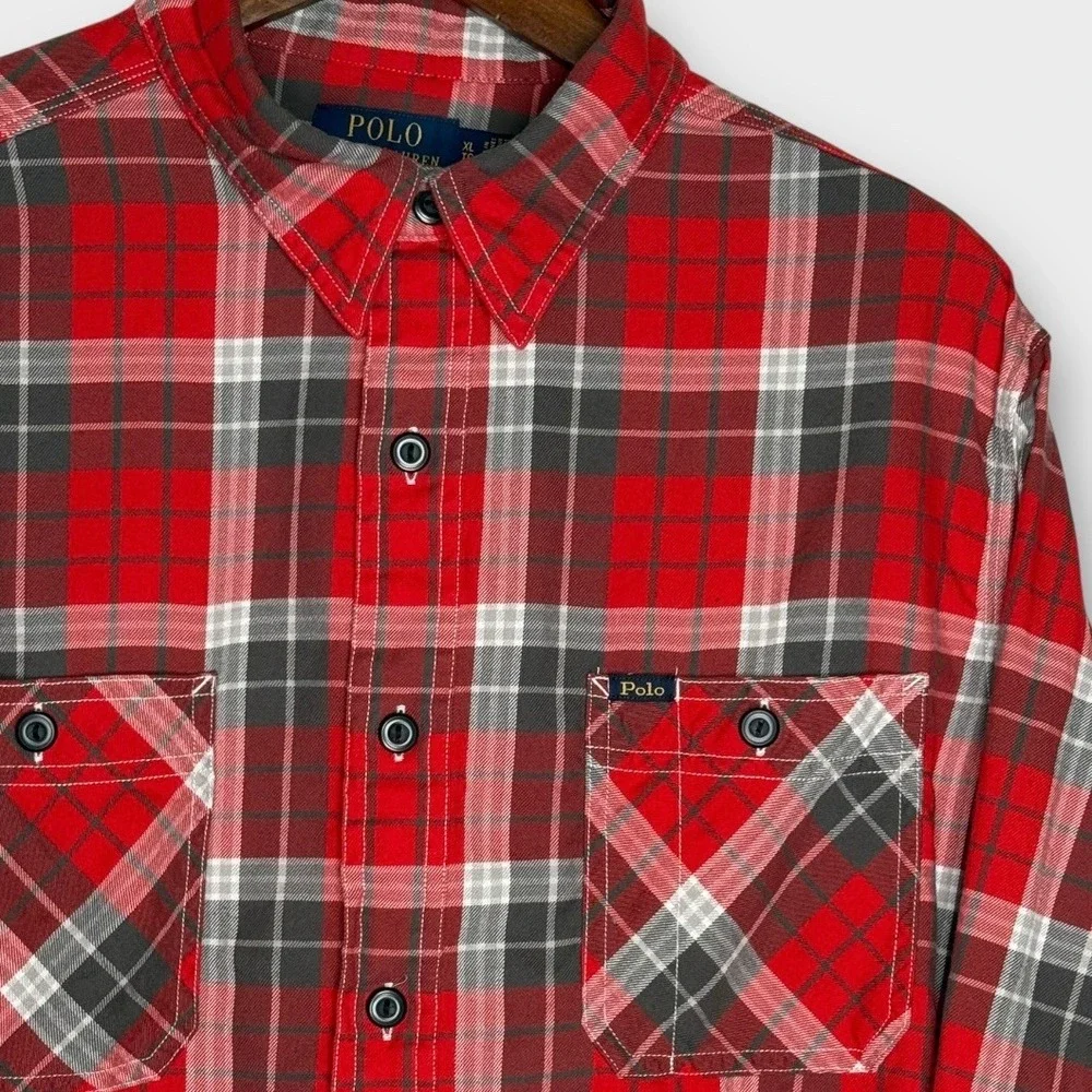 Polo Ralph Lauren Classic Fit Red Plaid Cotton Utility Shirt Pockets Cabin Sz XL
